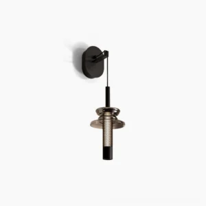 Float modern industrial wall light with smoked glass and perforated metal mesh frame - overhead side view
