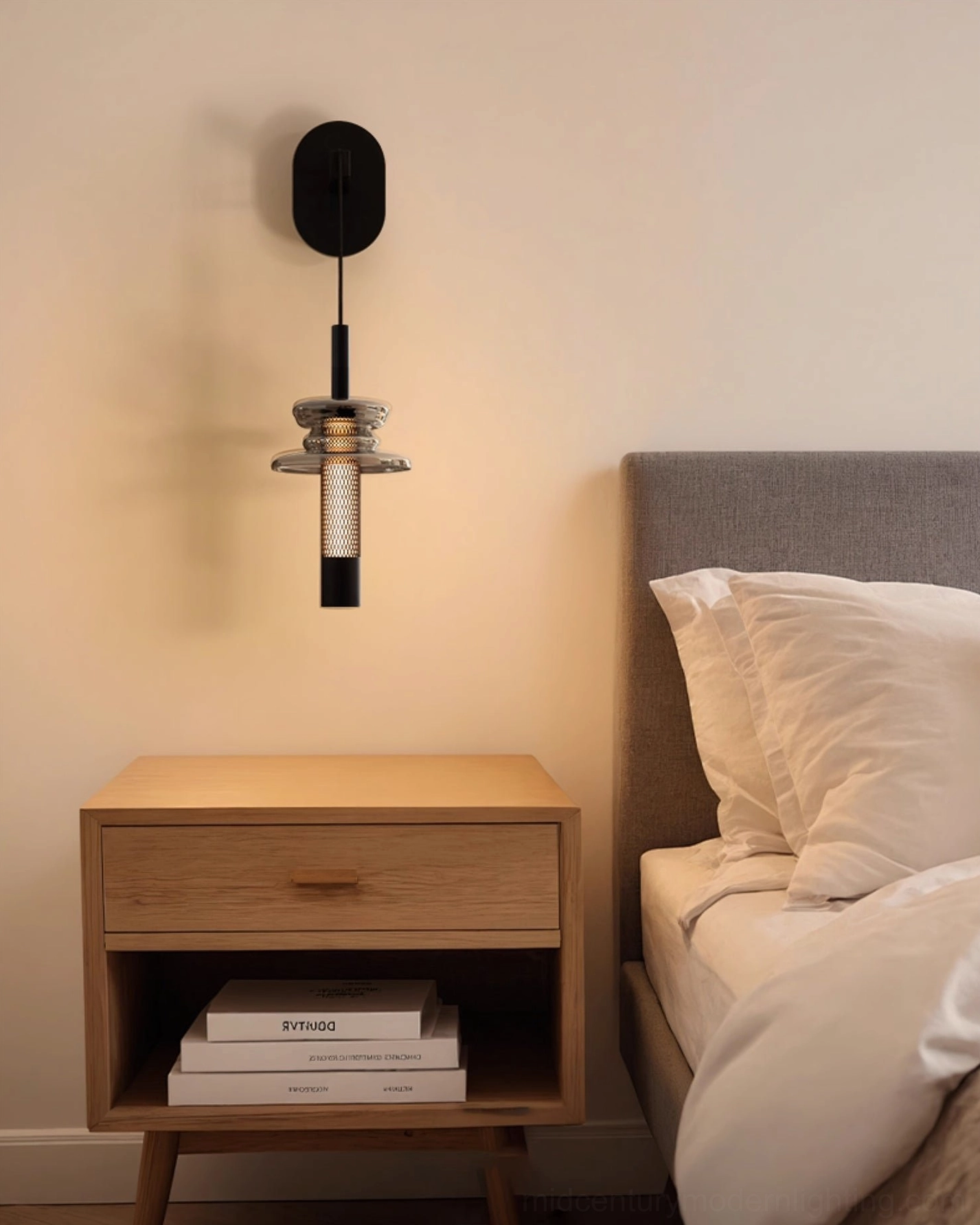 Float modern wall sconce in master bedroom with contemporary nightstand décor - warm light glow