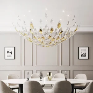 Floating Leaves Chandelier installed in high-end formal dining room with grey paneled walls above elegant dining table