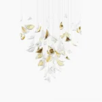 Floating Leaves Chandelier overhead view with 83 individually suspended gold and clear glass leaves forming sculptural cloud installation