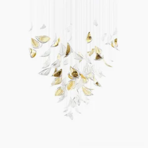 Floating Leaves Chandelier overhead view with 83 individually suspended gold and clear glass leaves forming sculptural cloud installation