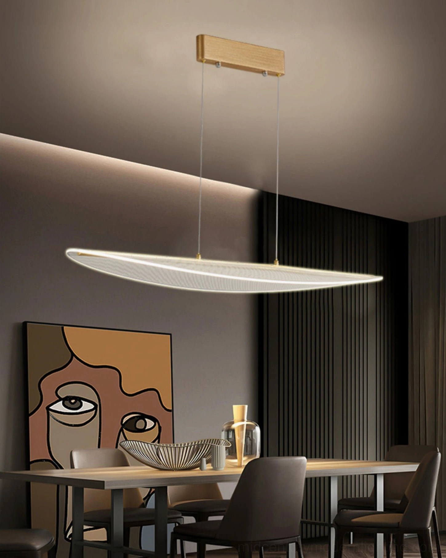 Floating ceiling pendant light in modern dining room with neutral minimalist interior decor