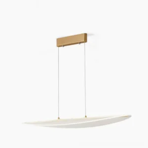 Floating mesh pendant light with frosted PMMA shade and gold trim, front view on white background