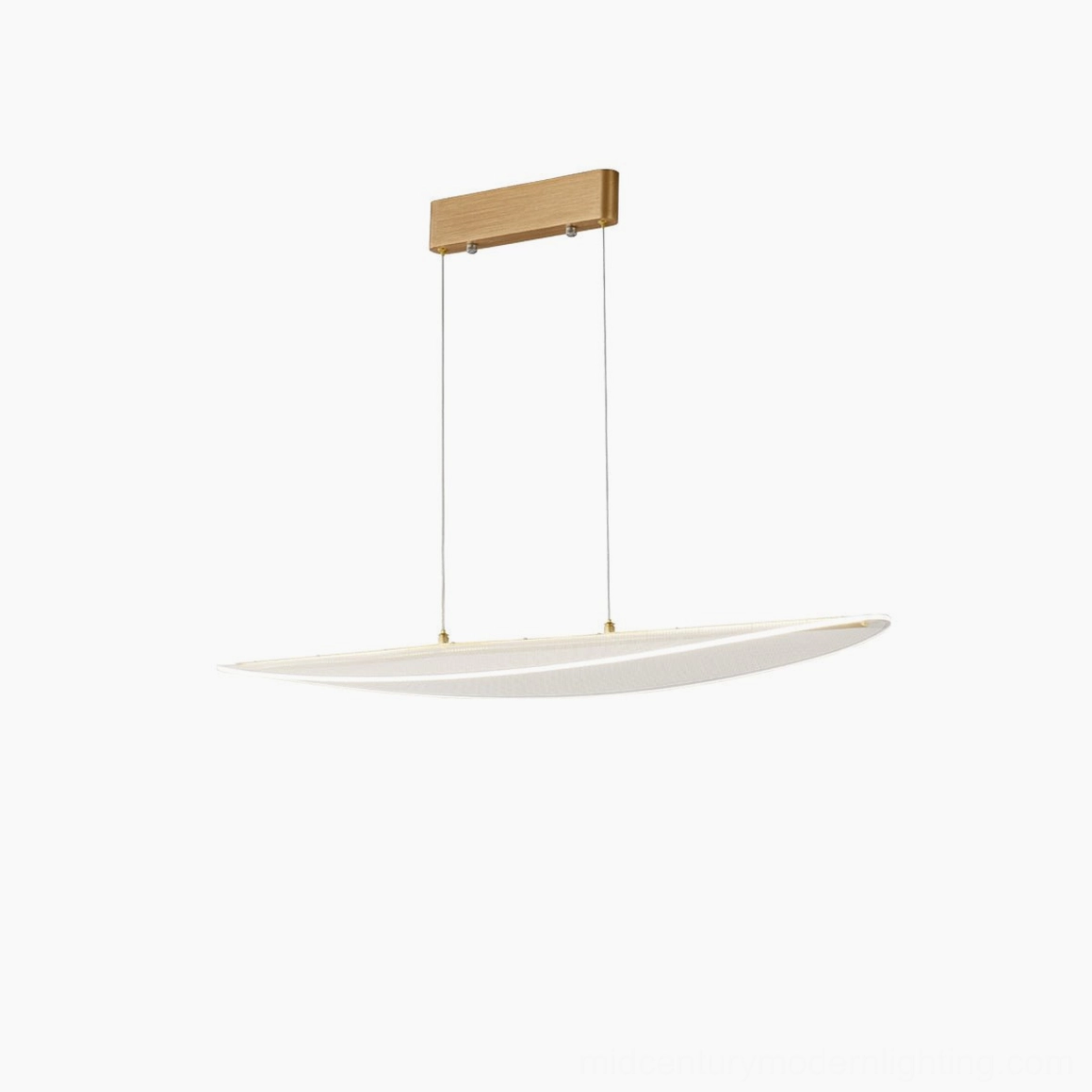 Floating pendant light with frosted shade and gold metal frame in modern home setting