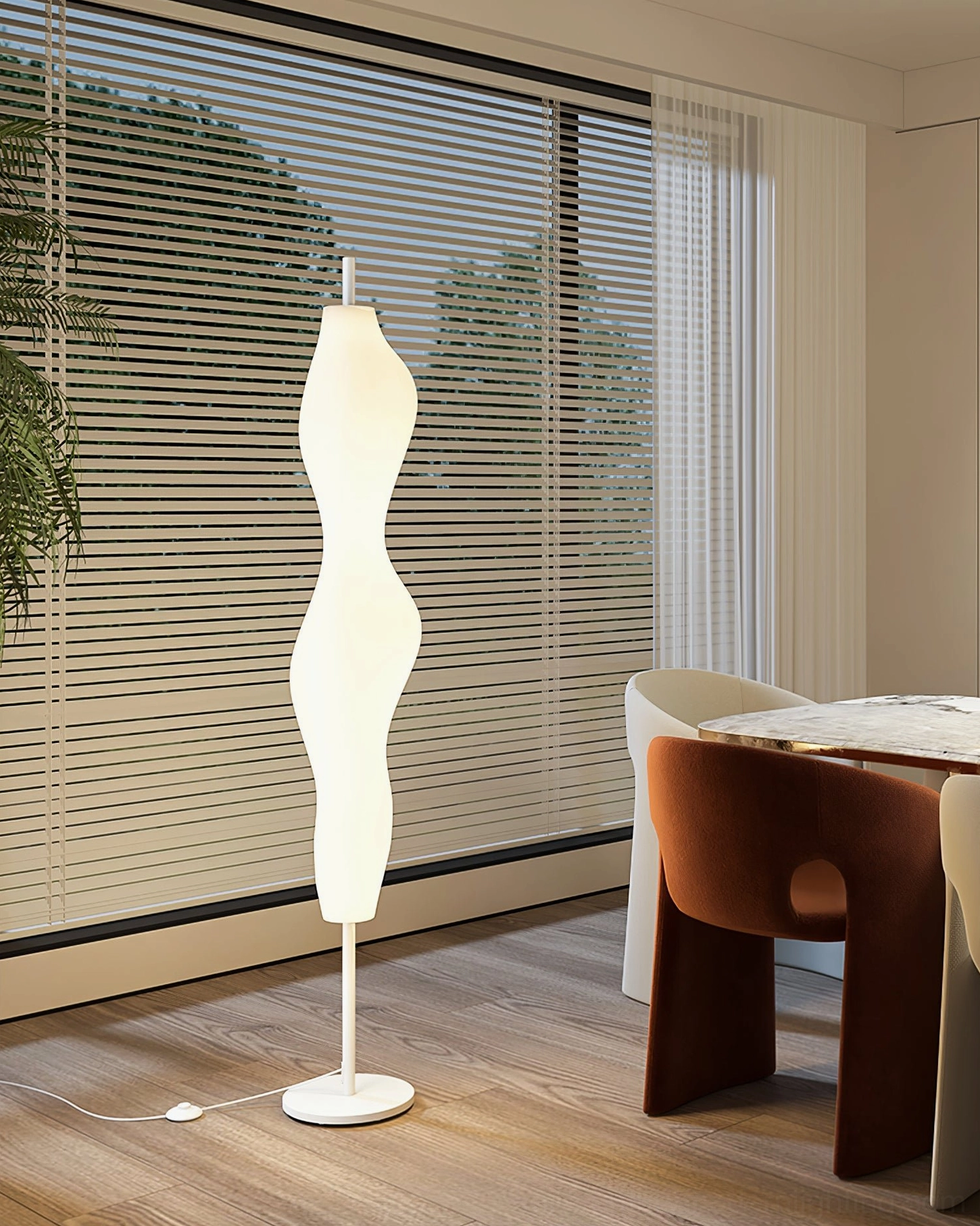 Modern biomorphic floor lamp full height view showing proportions and scale