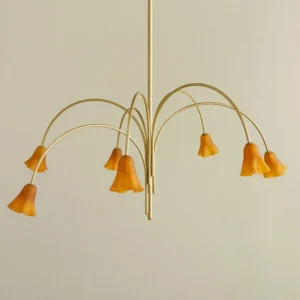 Flora glass chandelier overhead perspective showing curved golden metal arms and amber bell-shaped shades