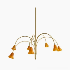 Flora mid-century modern bell-shaped chandelier with brass metal frame and amber frosted glass shades, front studio view