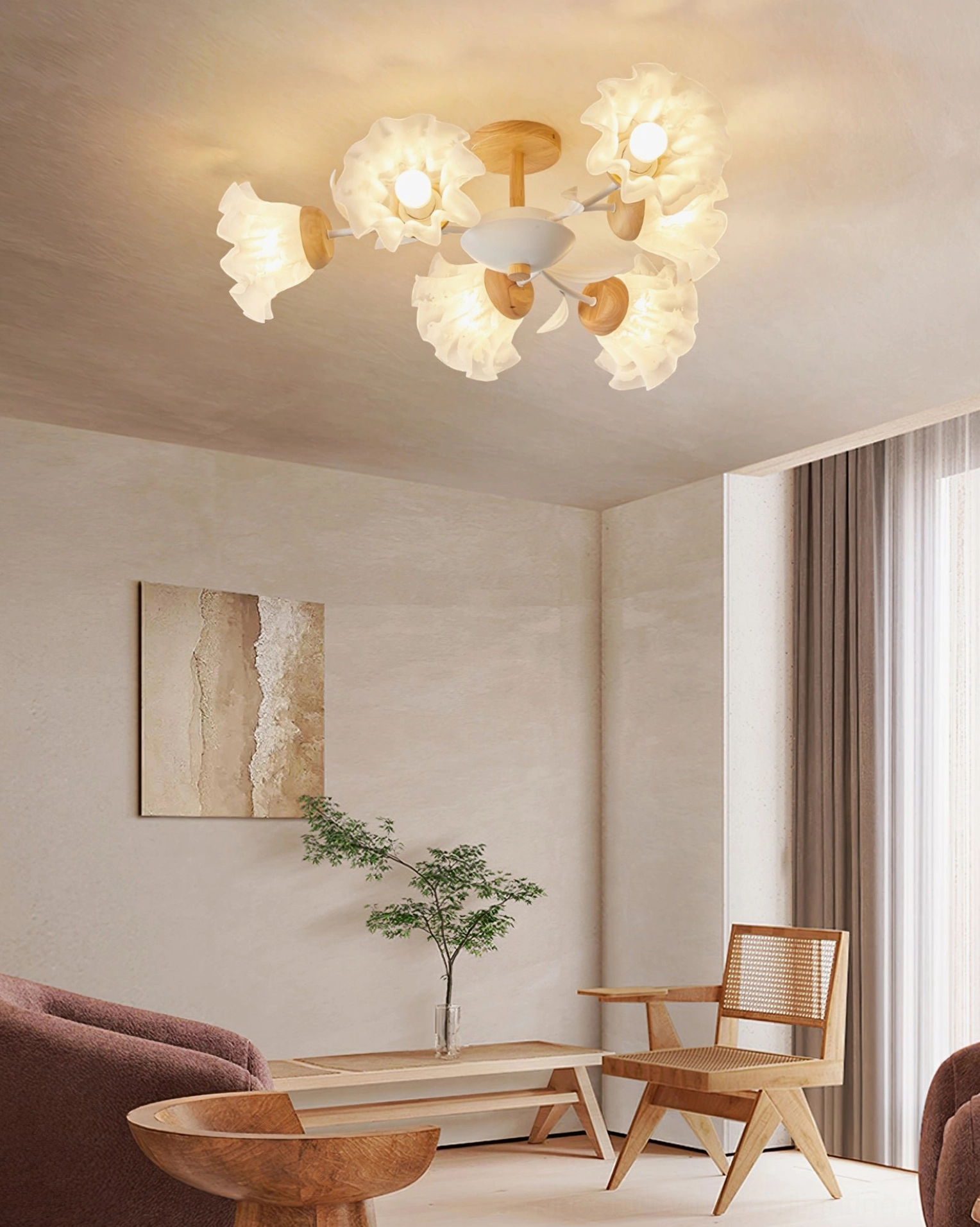 Full view of floral branch ceiling lamp fixture showing all petal heads and construction detail