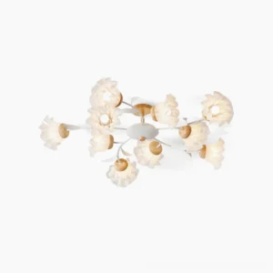 Floral branch ceiling light with 6 frosted white acrylic petal shades and natural wood base, Nordic minimalist design