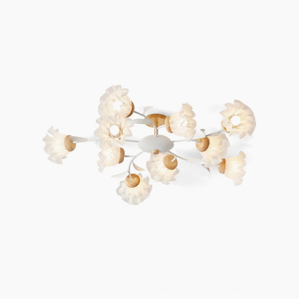 Floral branch ceiling light with 6 frosted white acrylic petal shades and natural wood base, Nordic minimalist design