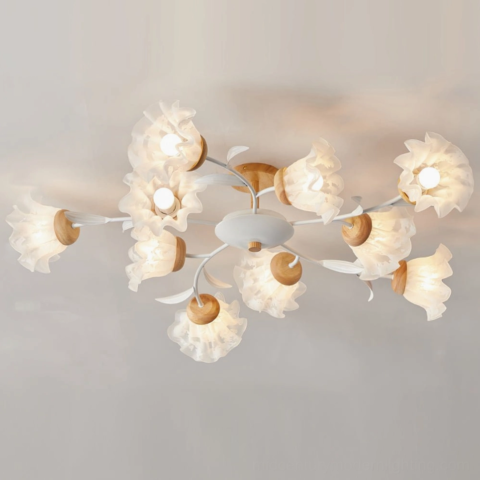 Close-up of frosted white glass flower shades with warm LED bulbs glowing, detailed petal design