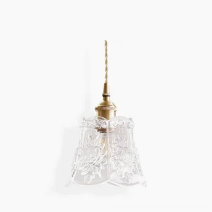Floral embossed glass pendant lamp with brass hardware, studio view showing detailed 3D rose patterns on clear glass shade
