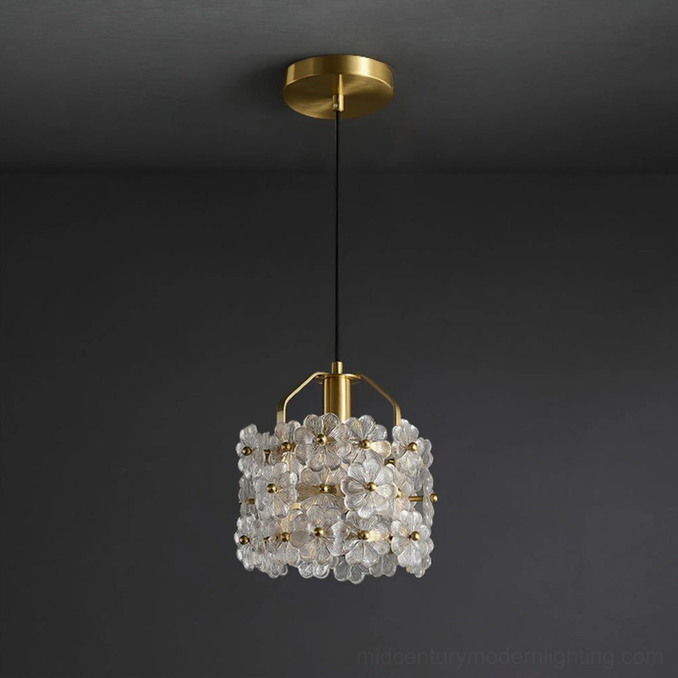 Delicate glass floral pendant suspended at various heights demonstrating versatile placement possibilities