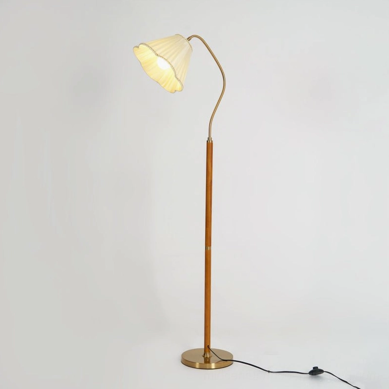 Florentine mid-century floor lamp complete profile showing adjustable brass gooseneck and walnut wood column