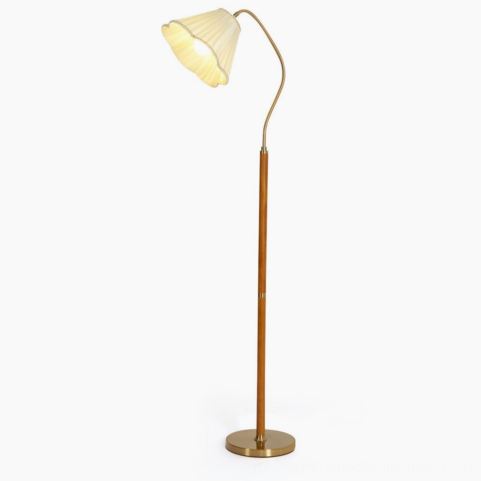 Florentine mid-century fabric floor lamp with brass gooseneck arm and turned walnut wood column on white background