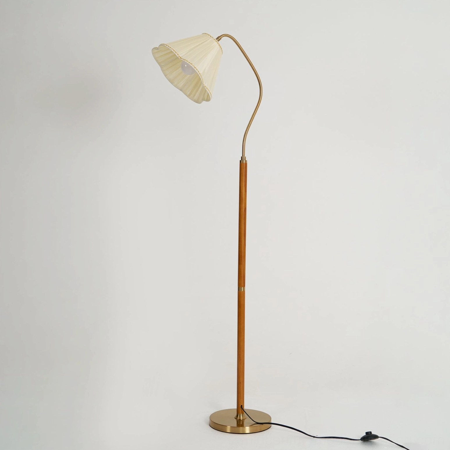 Florentine fabric floor lamp full frontal view showing brass base hardware and power cord
