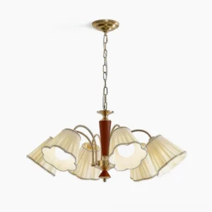 Florentine fabric chandelier 5-light pendant with brass frame and pleated cream shades on white background
