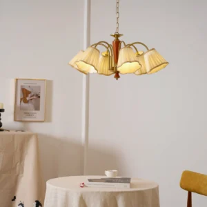Florentine fabric chandelier illuminated in minimalist dining space with warm glowing light, vintage French style ambiance