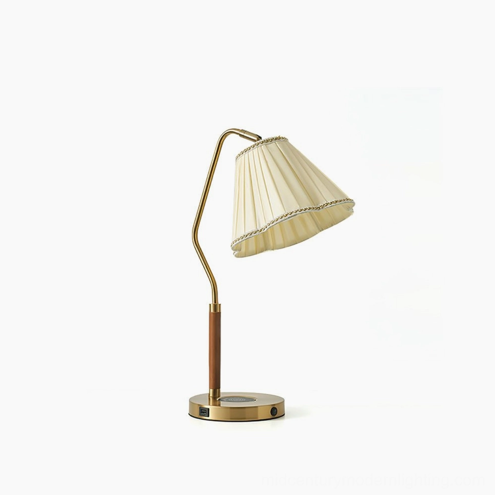 Florentine pleated fabric table lamp with brass base, front studio view