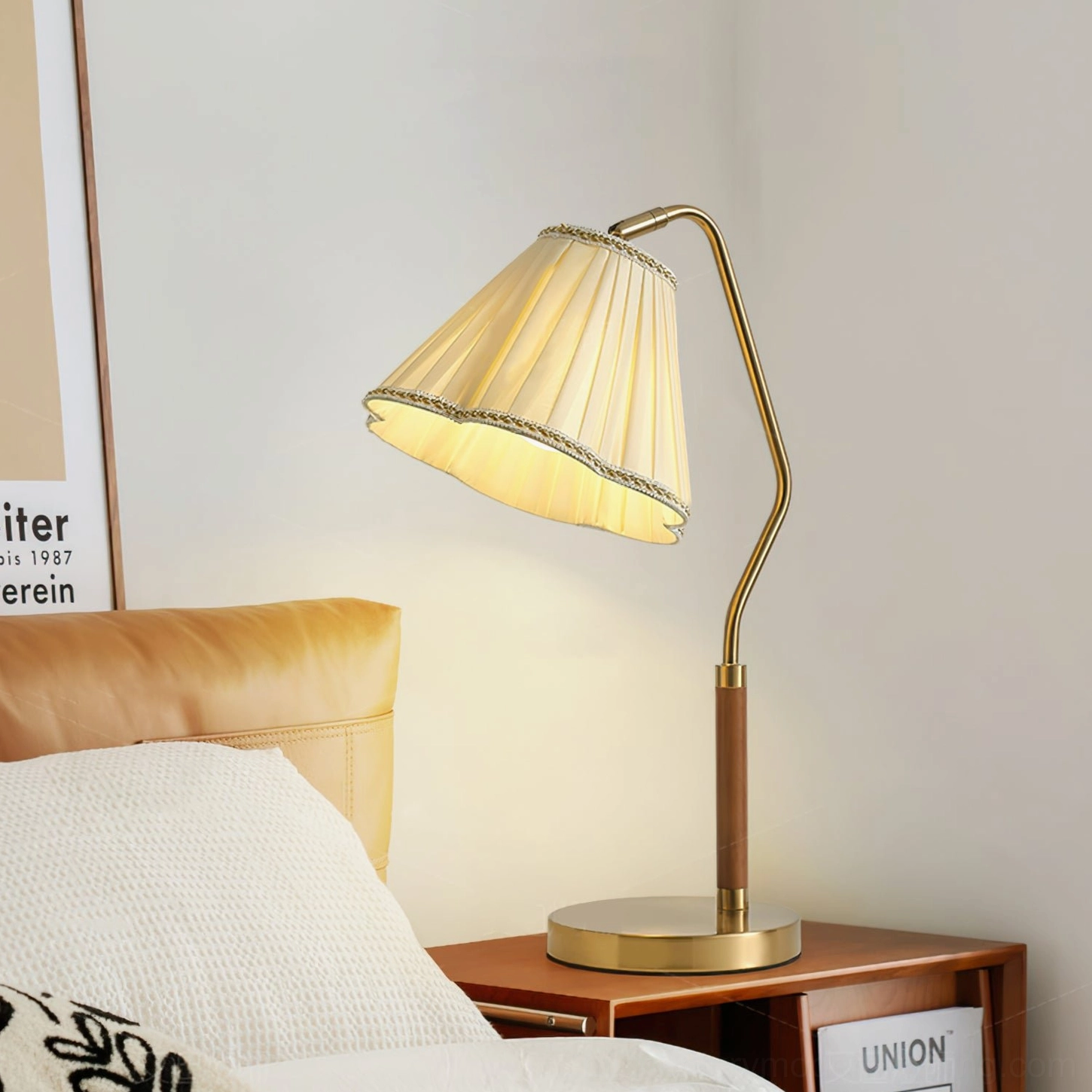 Florentine table lamp on bedroom bedside table, three-quarter side angle