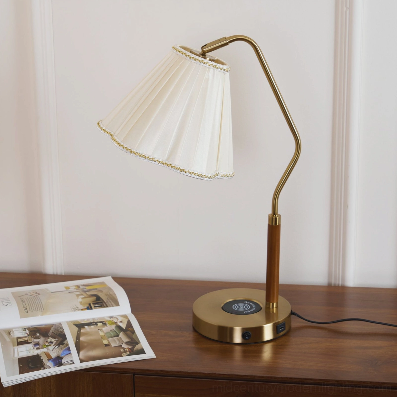 Florentine fabric table lamp detail, brass metalwork and wood accents