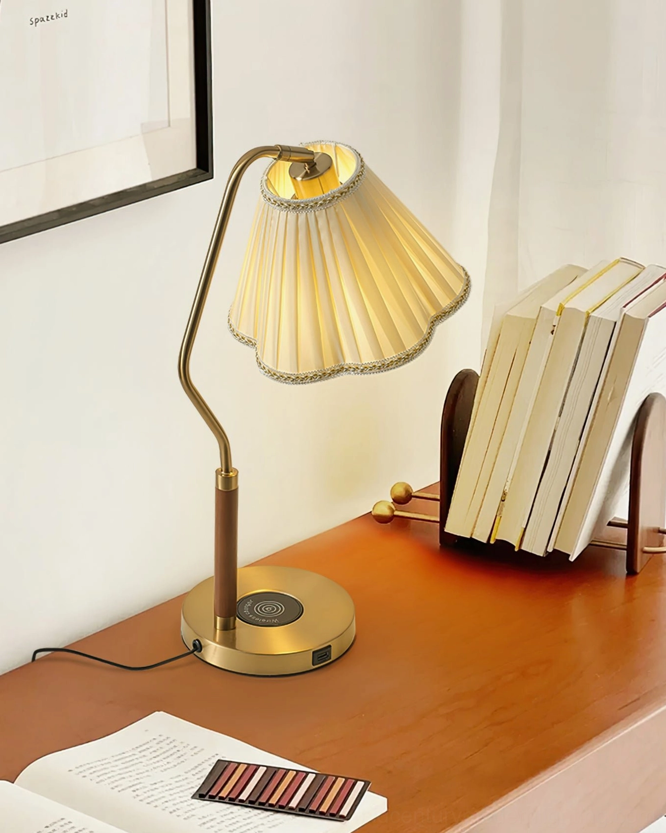 Florentine fabric lamp with gold brass base, luxury lighting fixture