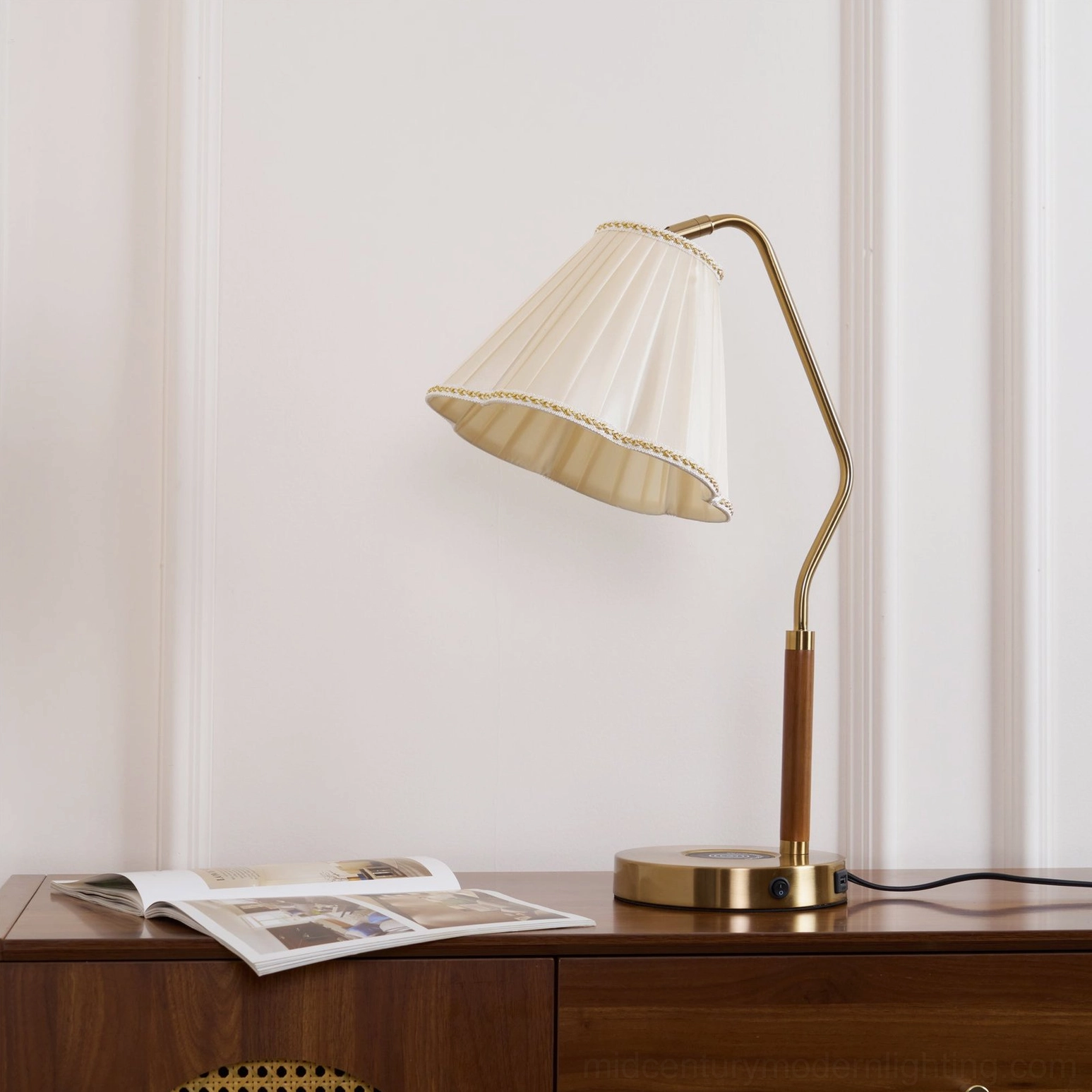 Florentine brass fabric table lamp with pleated shade, mid-century modern style