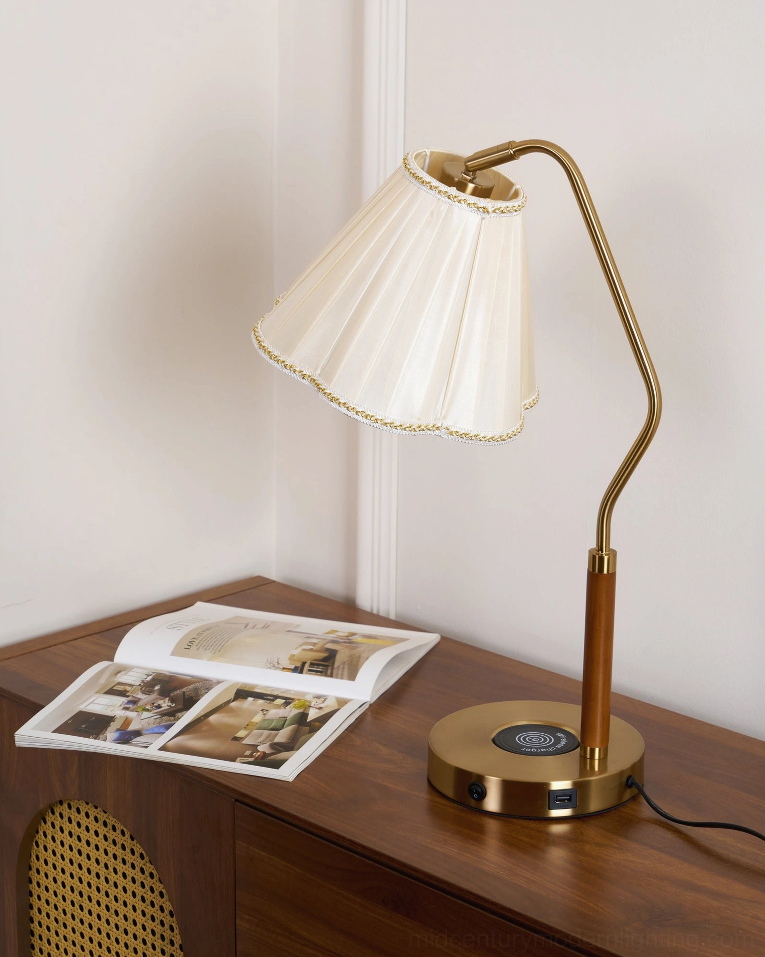 Florentine table lamp showcase, fabric shade construction and base finish