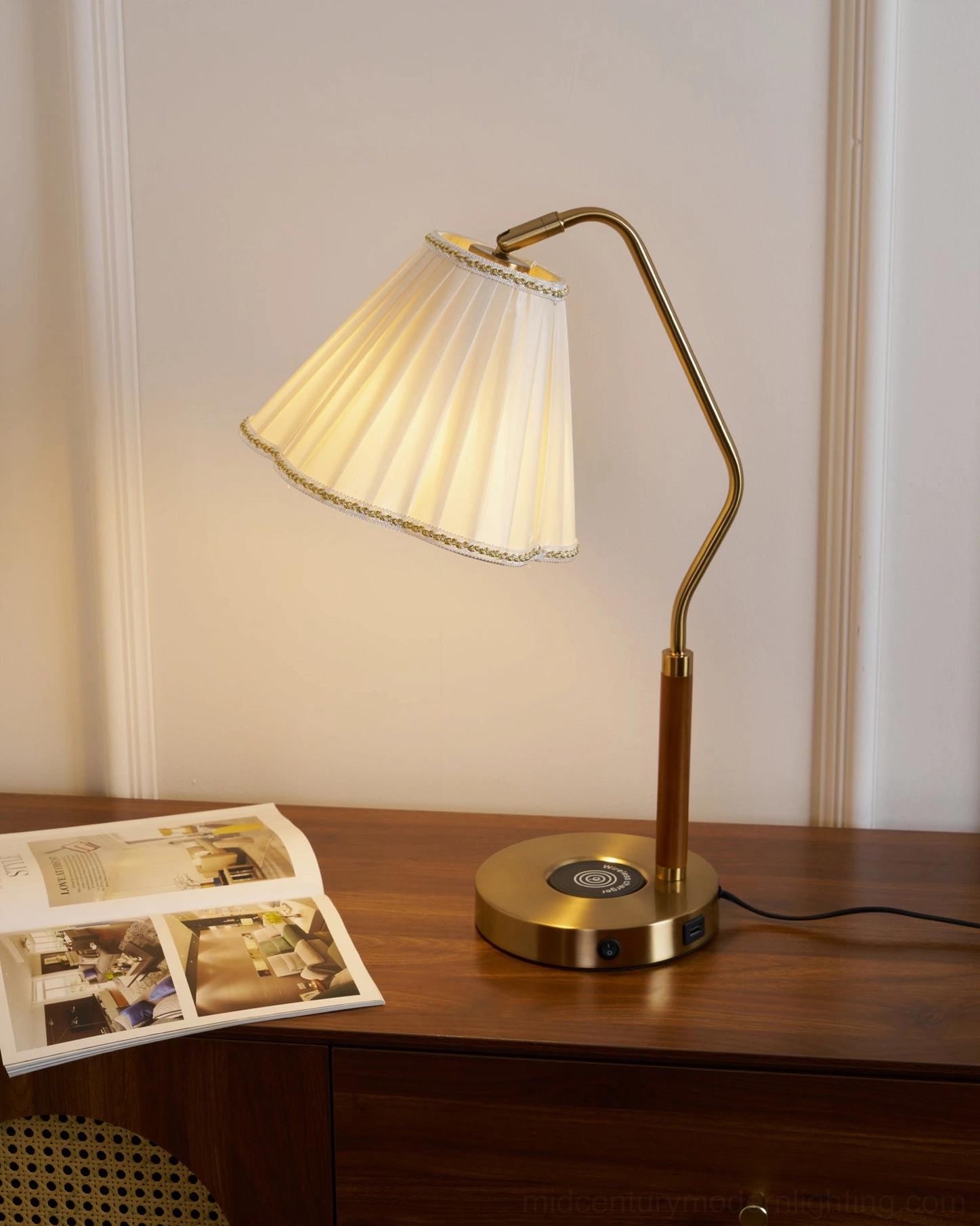 Florentine pleated table lamp side view, dark wood cabinet, powered cord