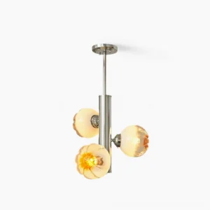 3-head Flower Bud Chandelier with amber glass shades and polished chrome frame on white background