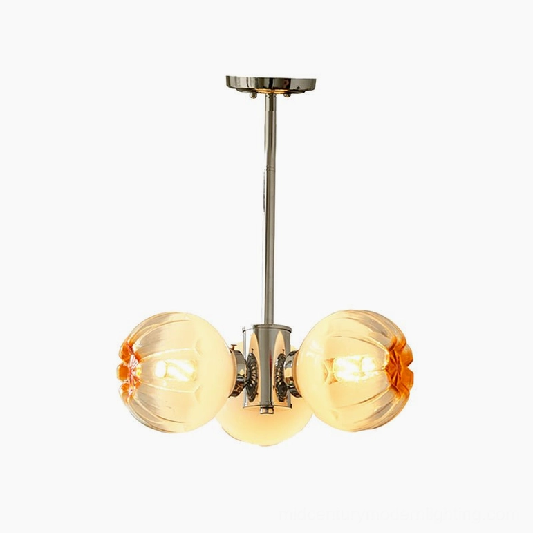 3-head Flower Bud Chandelier size A compact pendant in mid-century modern interior setting with chrome finish