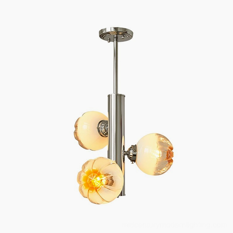 3-head Flower Bud Chandelier size B statement pendant with tall amber glass shades in dining room