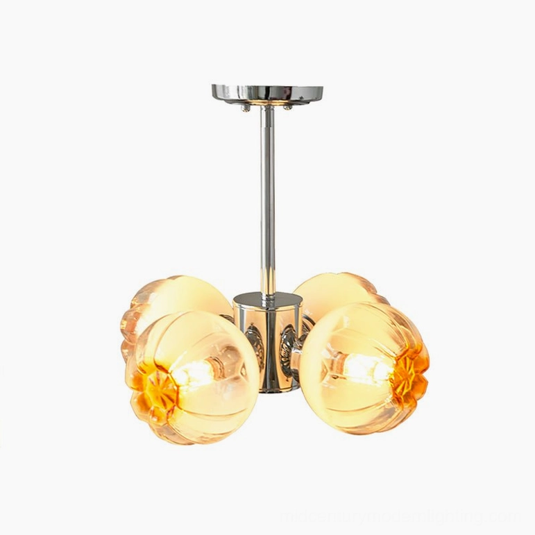 4-head Flower Bud Chandelier grand pendant with four amber glass shades and polished chrome in spacious interior
