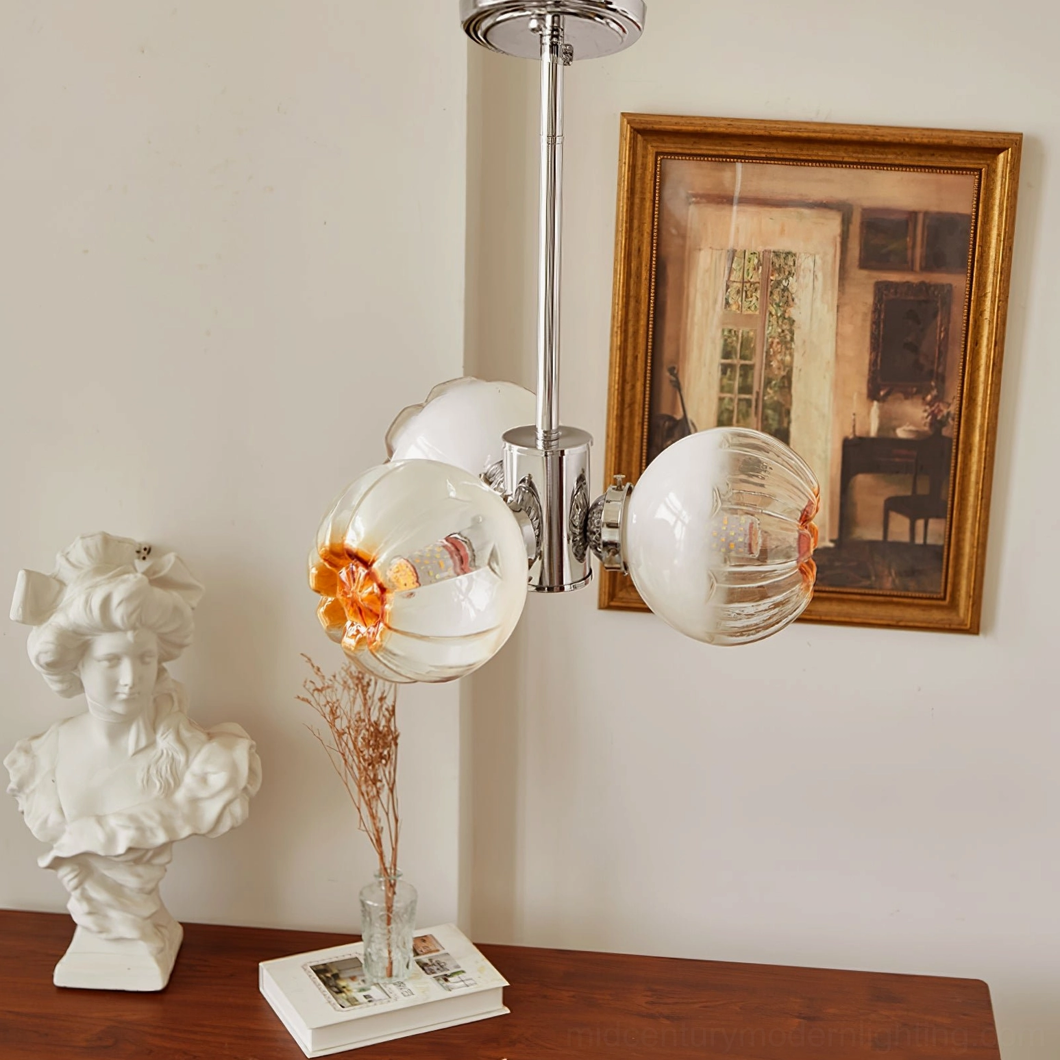 Flower Bud Chandelier overhead installation view showing canopy and suspension rod attachment system