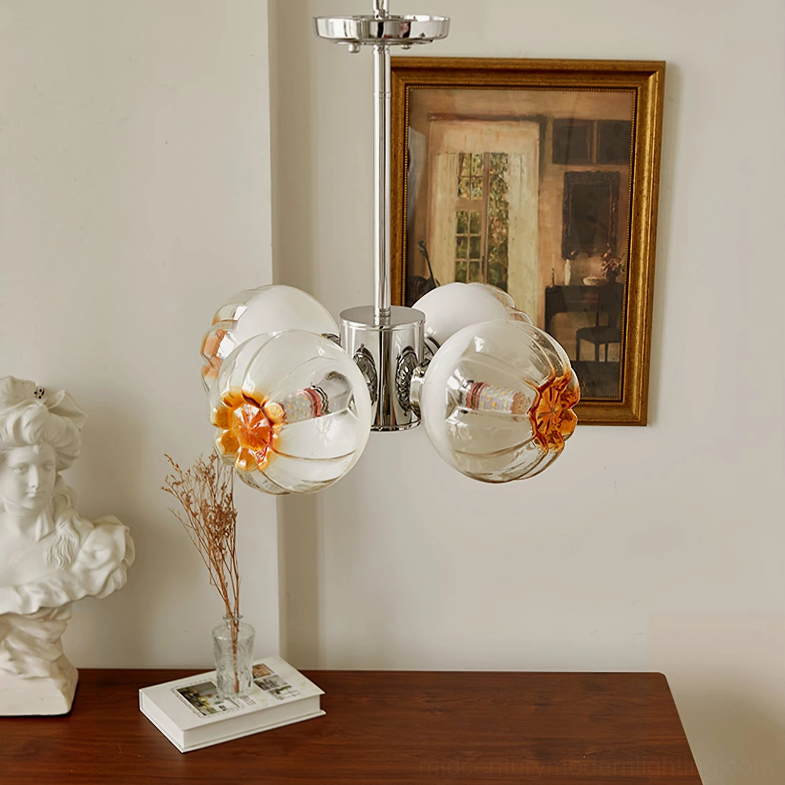 Flower Bud Chandelier mounted in room showing proportions and lighting distribution from hand-finished glass shades