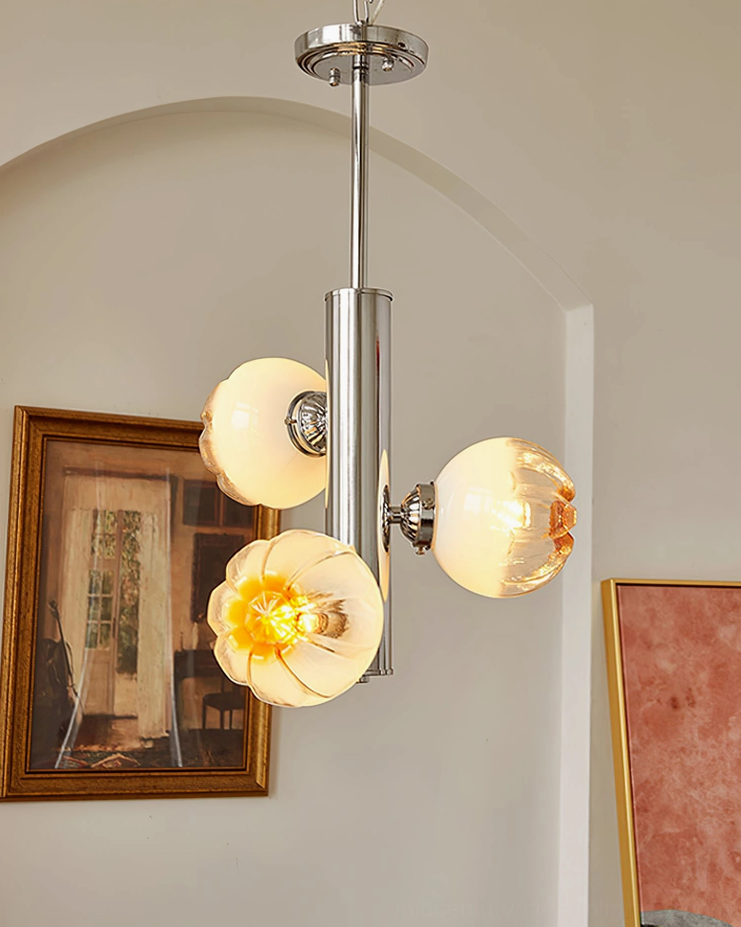 Flower Bud Chandelier side view showing amber gradient glass petals and chrome suspension rod in arched interior