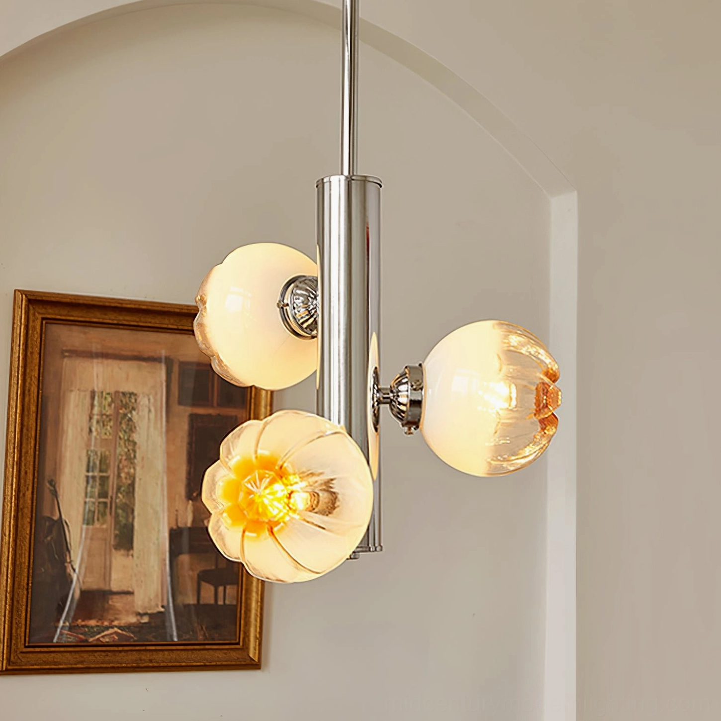 3-head Flower Bud Chandelier hanging in vintage French interior with warm amber glowing glass shades