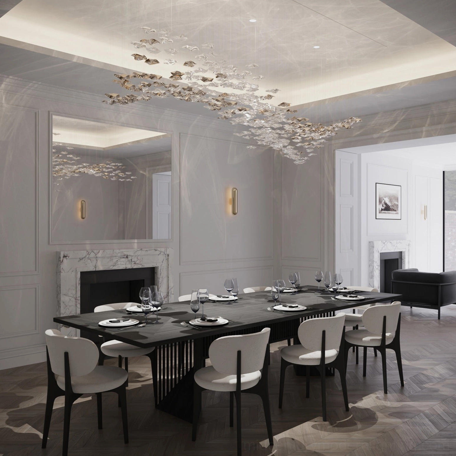 Fluid chandelier sculptural composition hand formed glass elements varying heights modern design