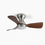 Modern DC motor ceiling fan light with integrated LED, front flat view showcasing brushed metal motor housing and dark wood grain fan blades against white background