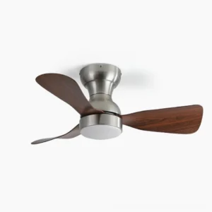 Modern DC motor ceiling fan light with integrated LED, front flat view showcasing brushed metal motor housing and dark wood grain fan blades against white background