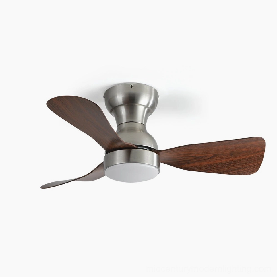 Modern DC motor ceiling fan light with integrated LED, front flat view showcasing brushed metal motor housing and dark wood grain fan blades against white background