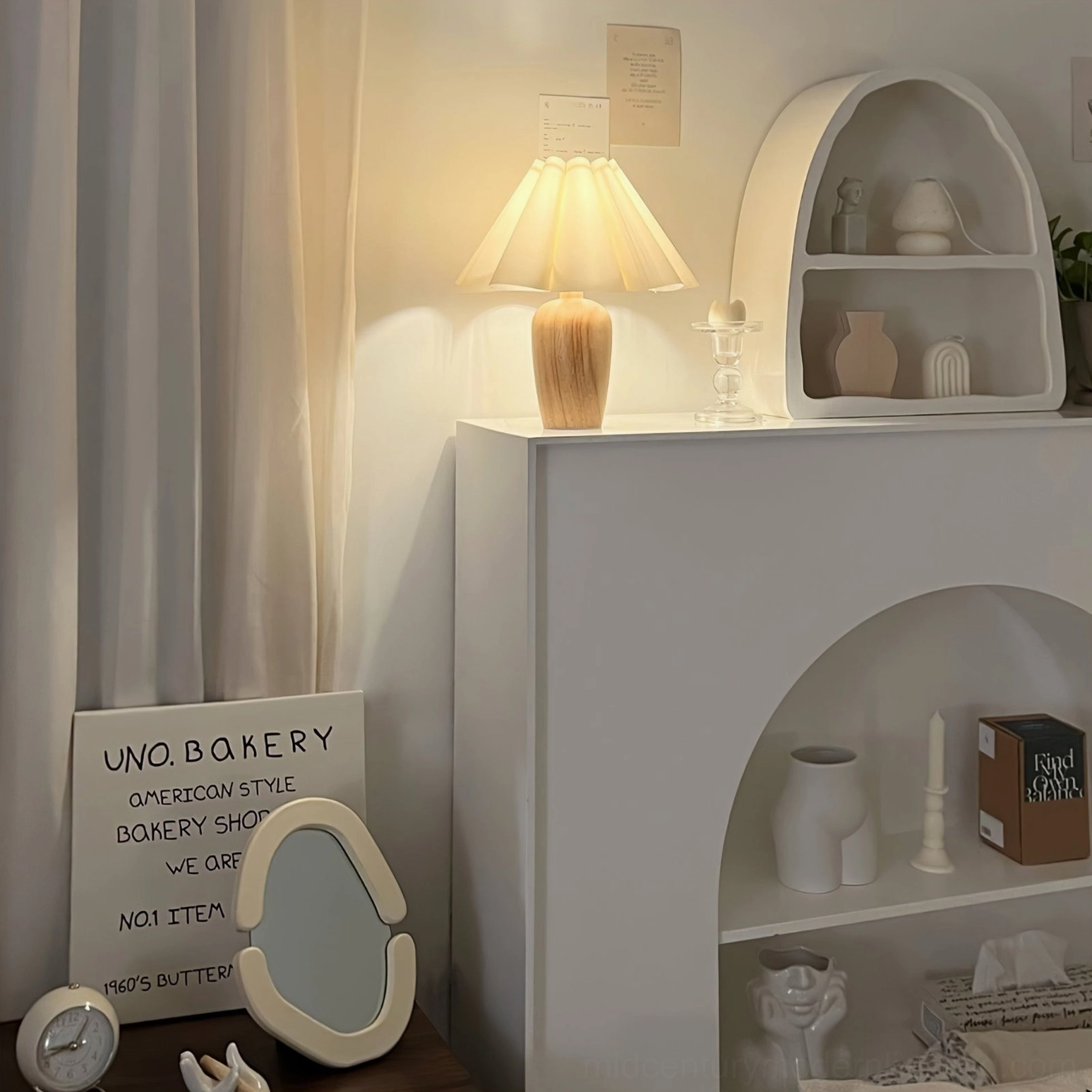 Vintage fluted beige table lamp sculptural side profile view emphasizing pleated shade silhouette and proportions