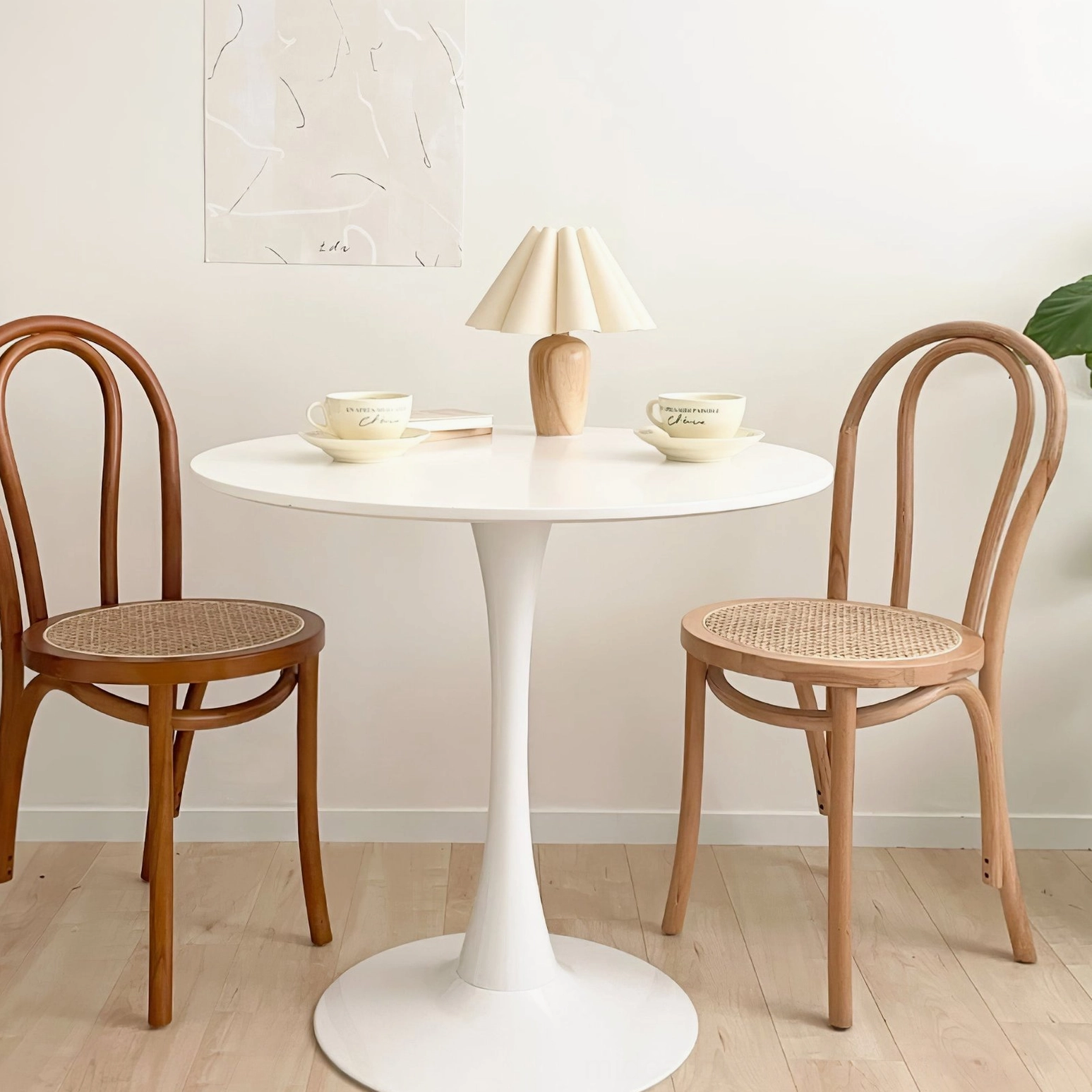 Beige pleated shade table lamp with wooden base close-up detail showing fabric texture and fold craftsmanship