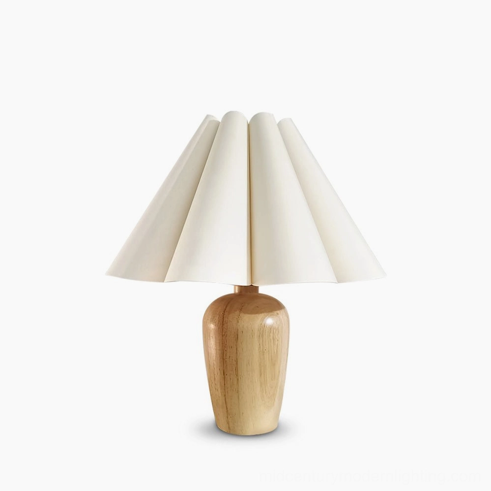 Fluted beige table lamp with USB charging cable included, wooden base detail showing modern functional design