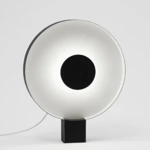 Illuminated Round Flying Saucer LED lamp with glowing white disc, overhead angle showing integrated LED light