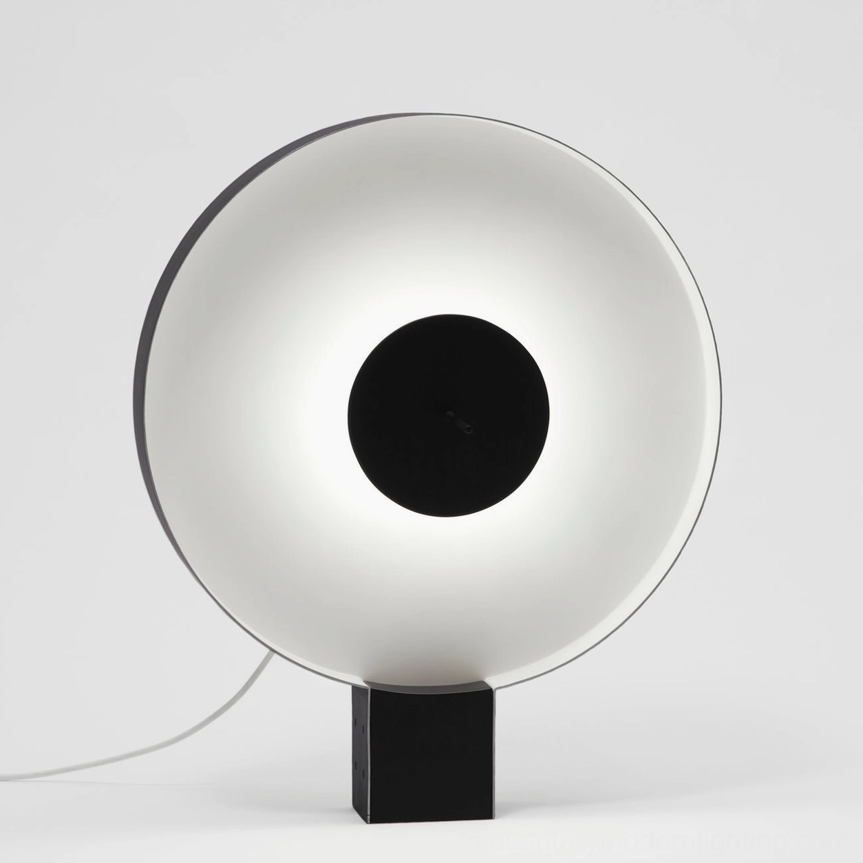 Illuminated Round Flying Saucer LED lamp with glowing white disc, overhead angle showing integrated LED light