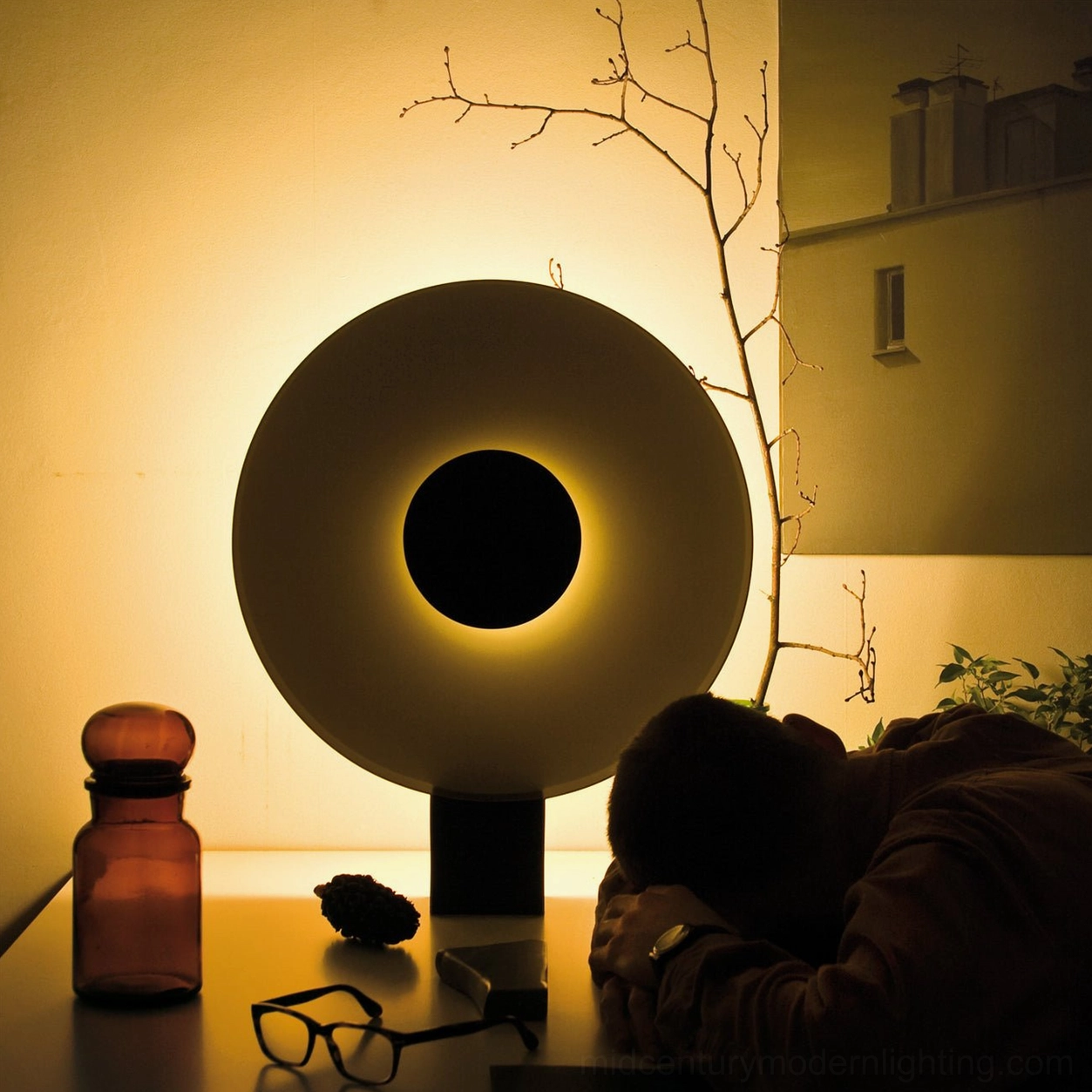 Mid-century modern Round Flying Saucer table lamp detail shot, design elements and proportions