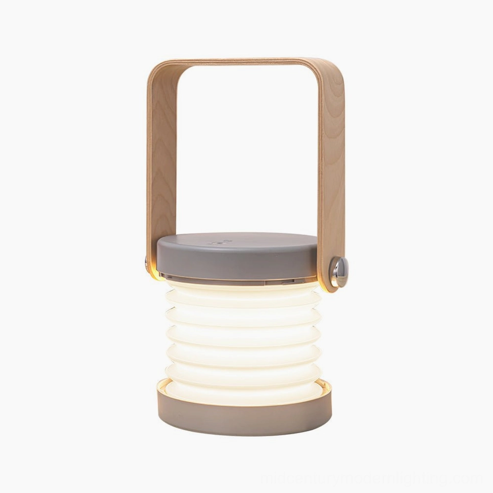 Foldable portable lantern table lamp, warm glowing light creating cozy intimate bedroom atmosphere