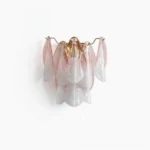 Foliage glass wall sconce with hand-fused bi-color ombré gradient from translucent pink to opaline frost, featuring parabolic glass and gold metal frame