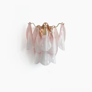 Foliage glass wall sconce with hand-fused bi-color ombré gradient from translucent pink to opaline frost, featuring parabolic glass and gold metal frame